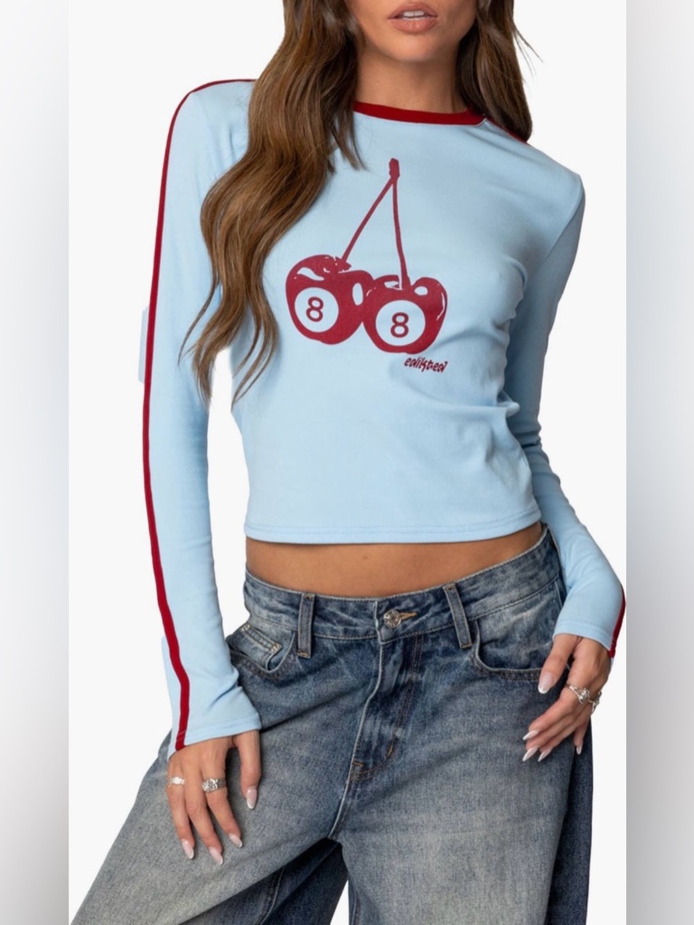 Edikted Light Blue Long Sleeve Tee with Red Cherry Graphic